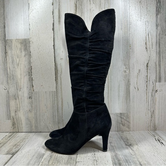 Boutique Shoes - Boutique Black Suede High Heel Knee-High Boots with Ruched Detailing #901